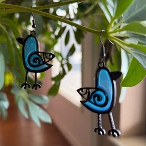 Artsy Whimsical Stained Glass Spring Blue Bird Earrings 💙🪺🐦‍⬛